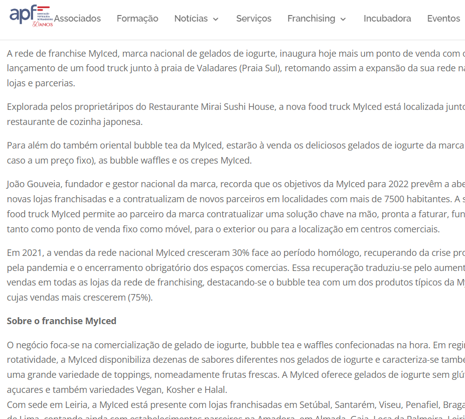Associação portuguesa de franchising - MyIced expande rede de distribuição nacional